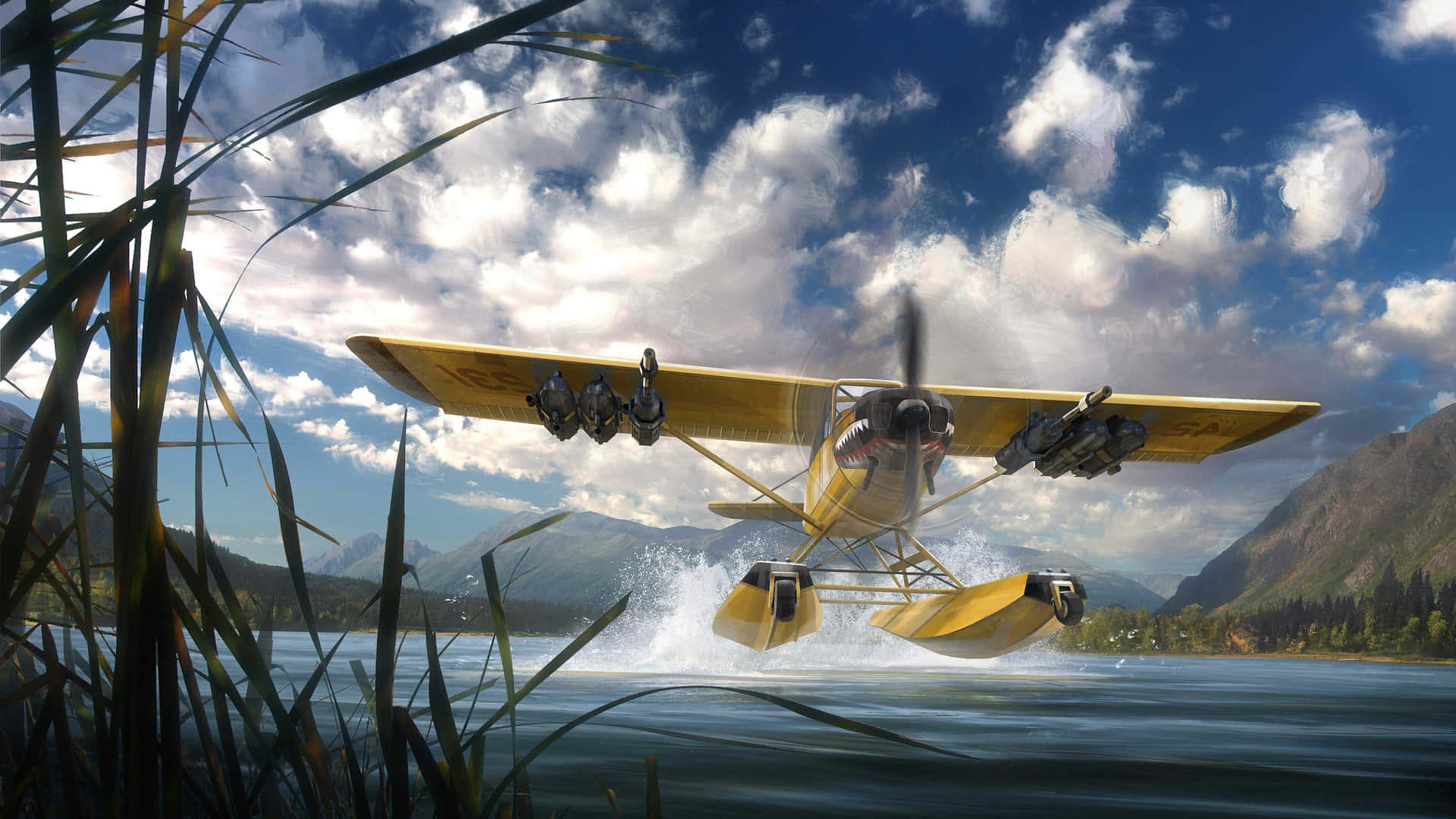 A Yellow Plane Flying Over Water Wallpaper