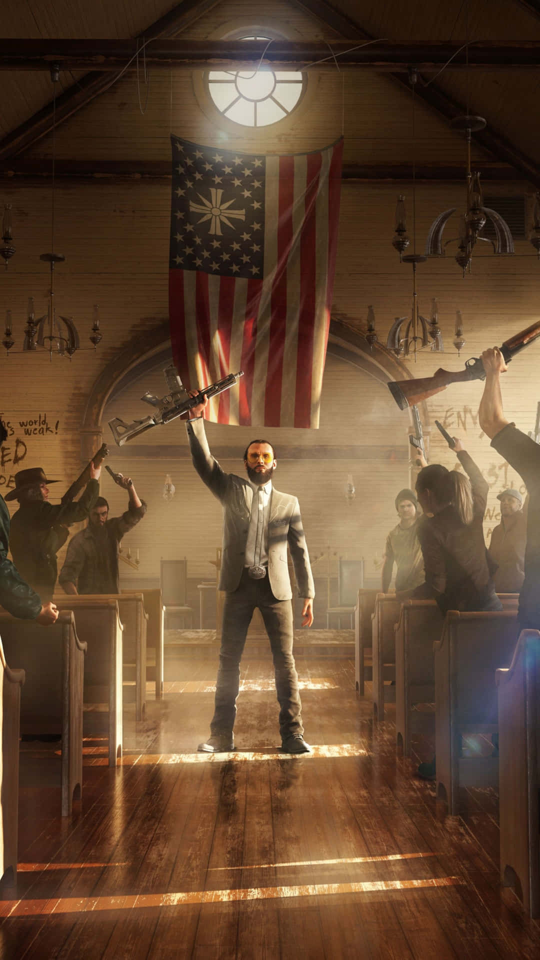 En mand holder et amerikansk flag i en kirke. Wallpaper