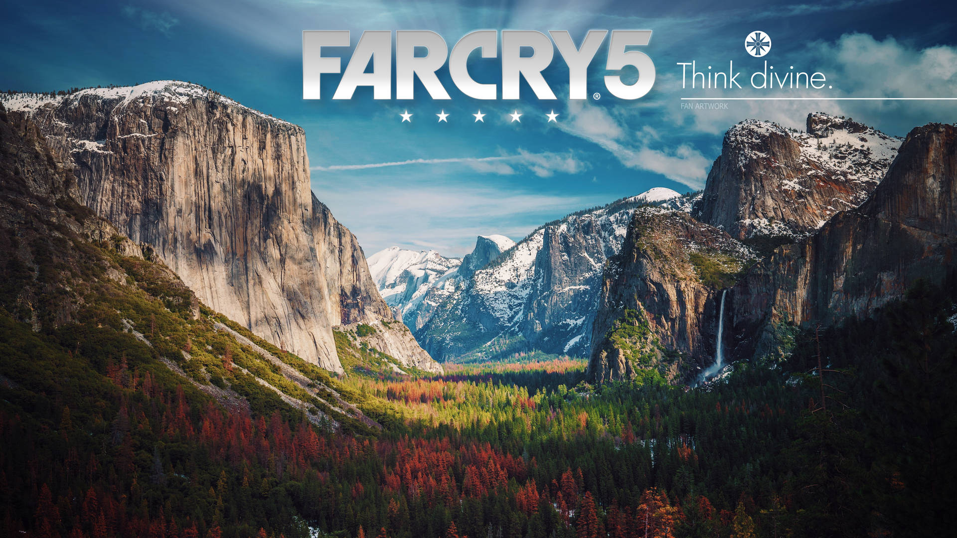 Far Cry 5 Logo Against Mountainous Landscape Background