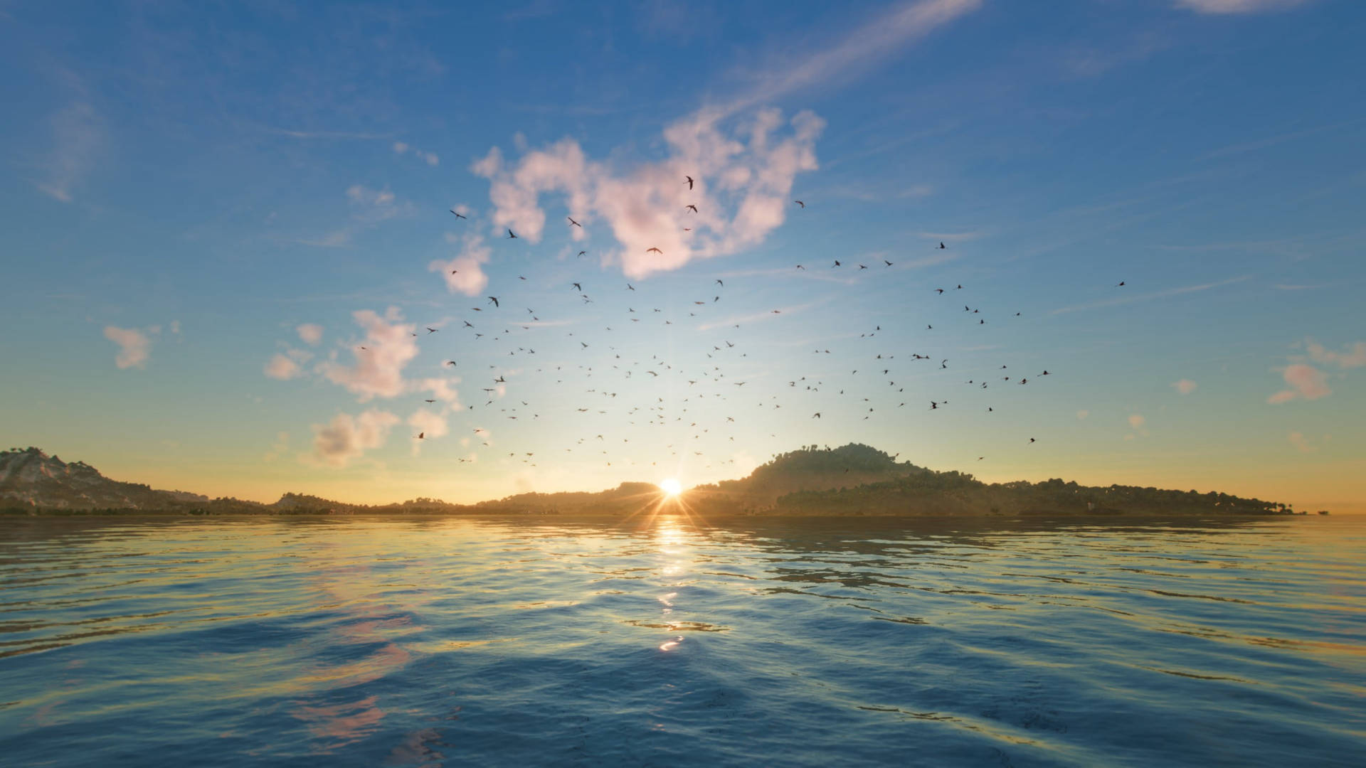 Far Cry 6 Ocean Sunset Tapet: Tag en pause fra den daglige trummerum ved at se ud på havet, mens varme farver fra solnedgangen rammer luften. Wallpaper
