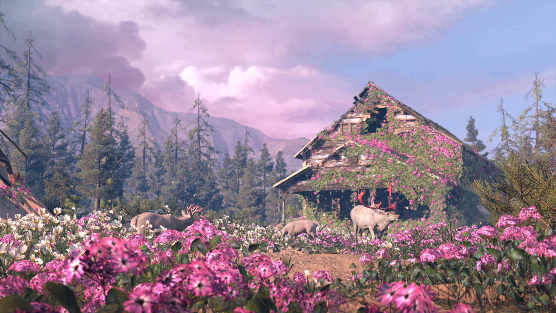 A House With Flowers In The Middle Of A Forest