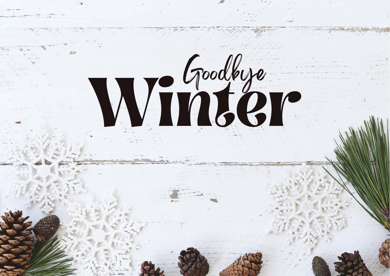 A White Background With Pine Cones And The Words Goodbye Winter