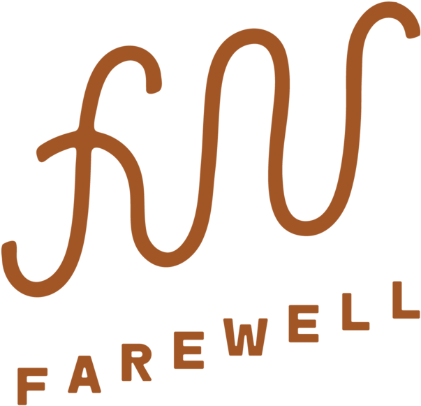 Farewell Script Logo PNG — A stylized brown logo with flowing script and block letters spelling 'farewell' against a black background.