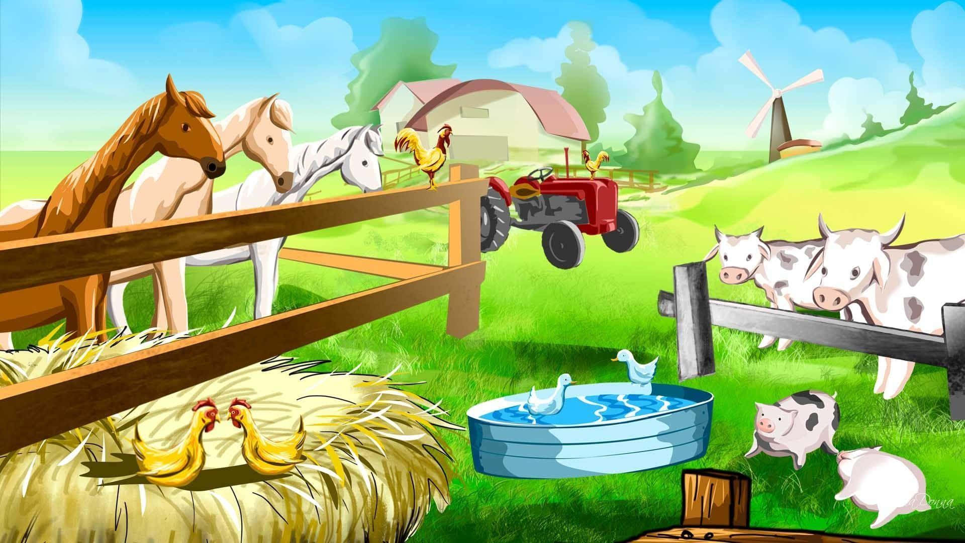 A group of happy farm animals in the green pasture