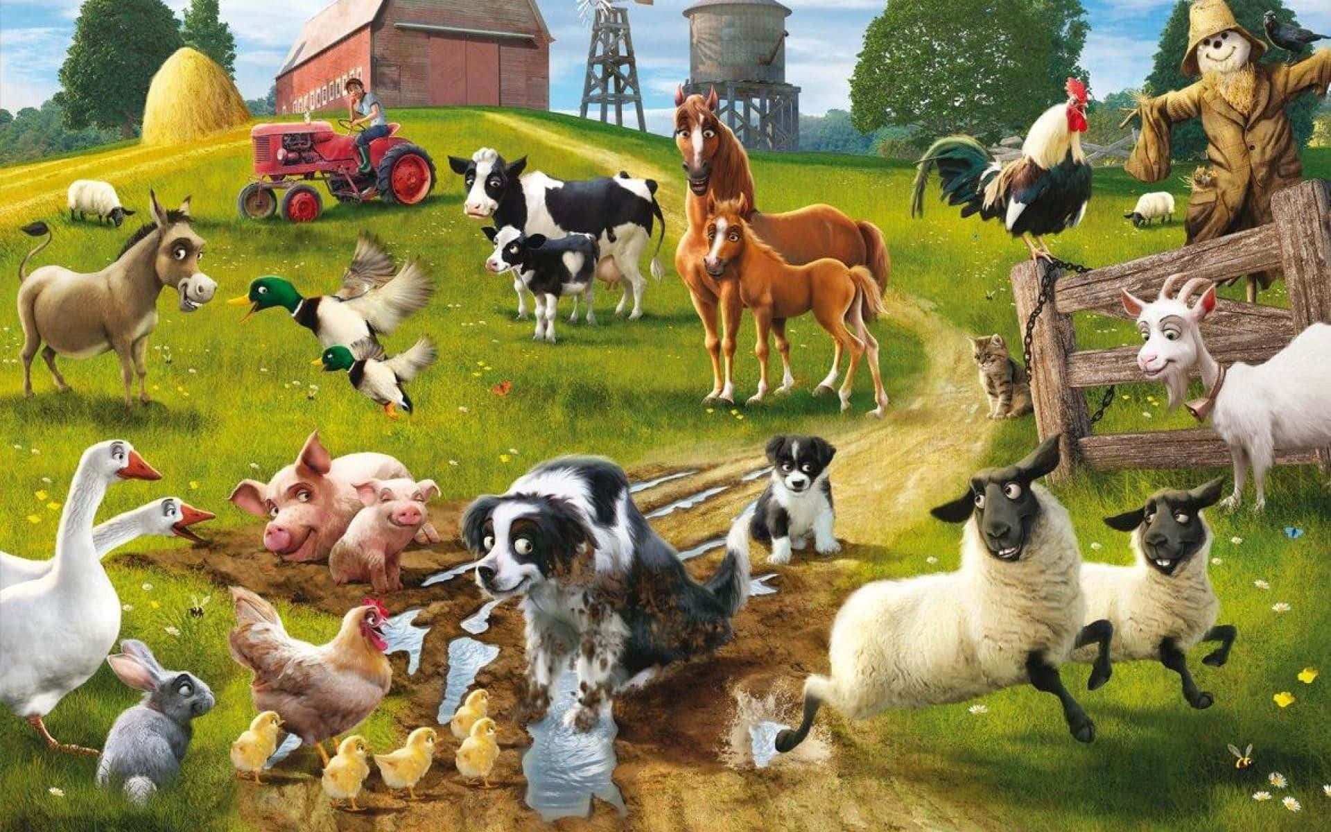 A group of diverse farm animals enjoying a sunny day together