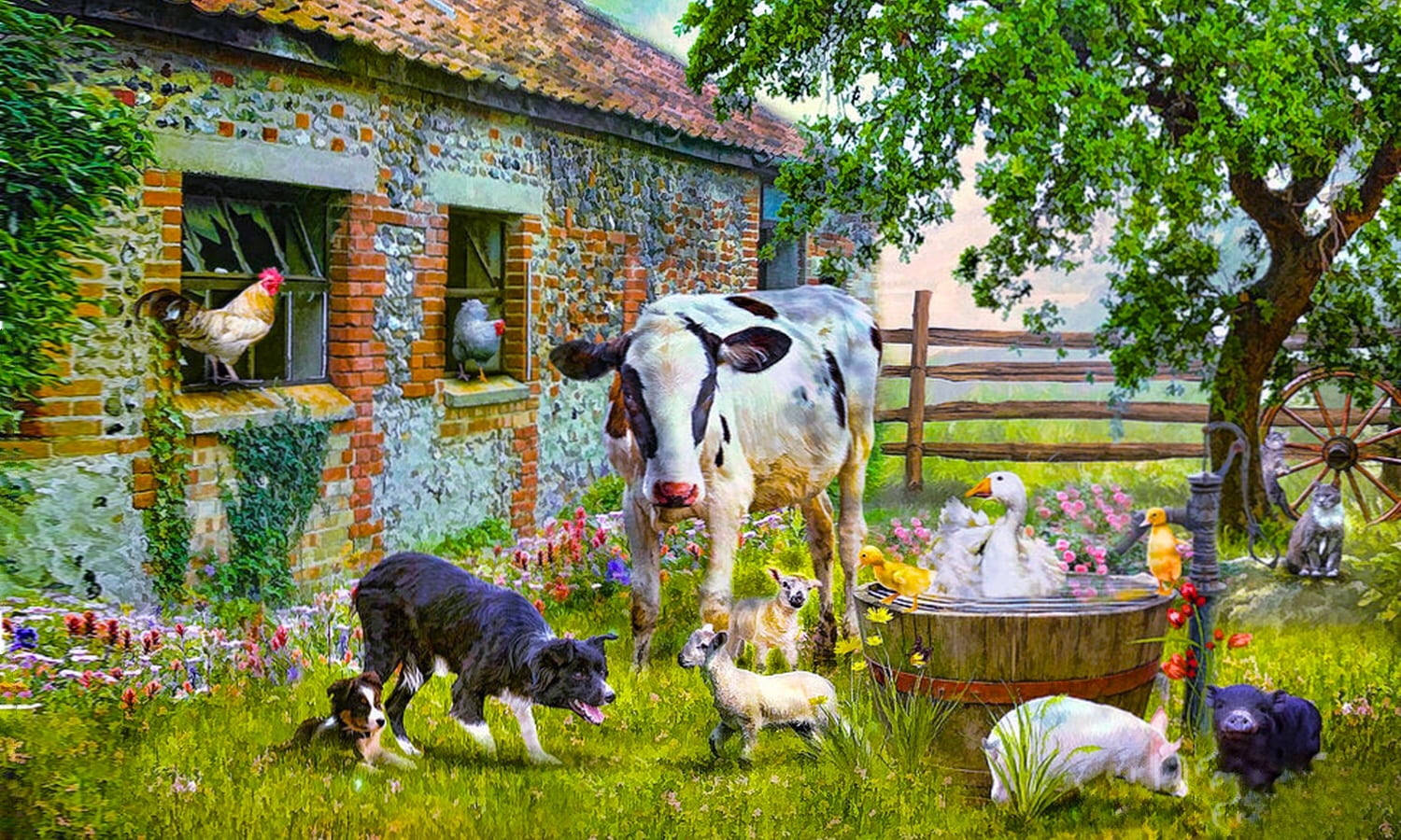 Farm Animals Beside An Old House Wallpaper