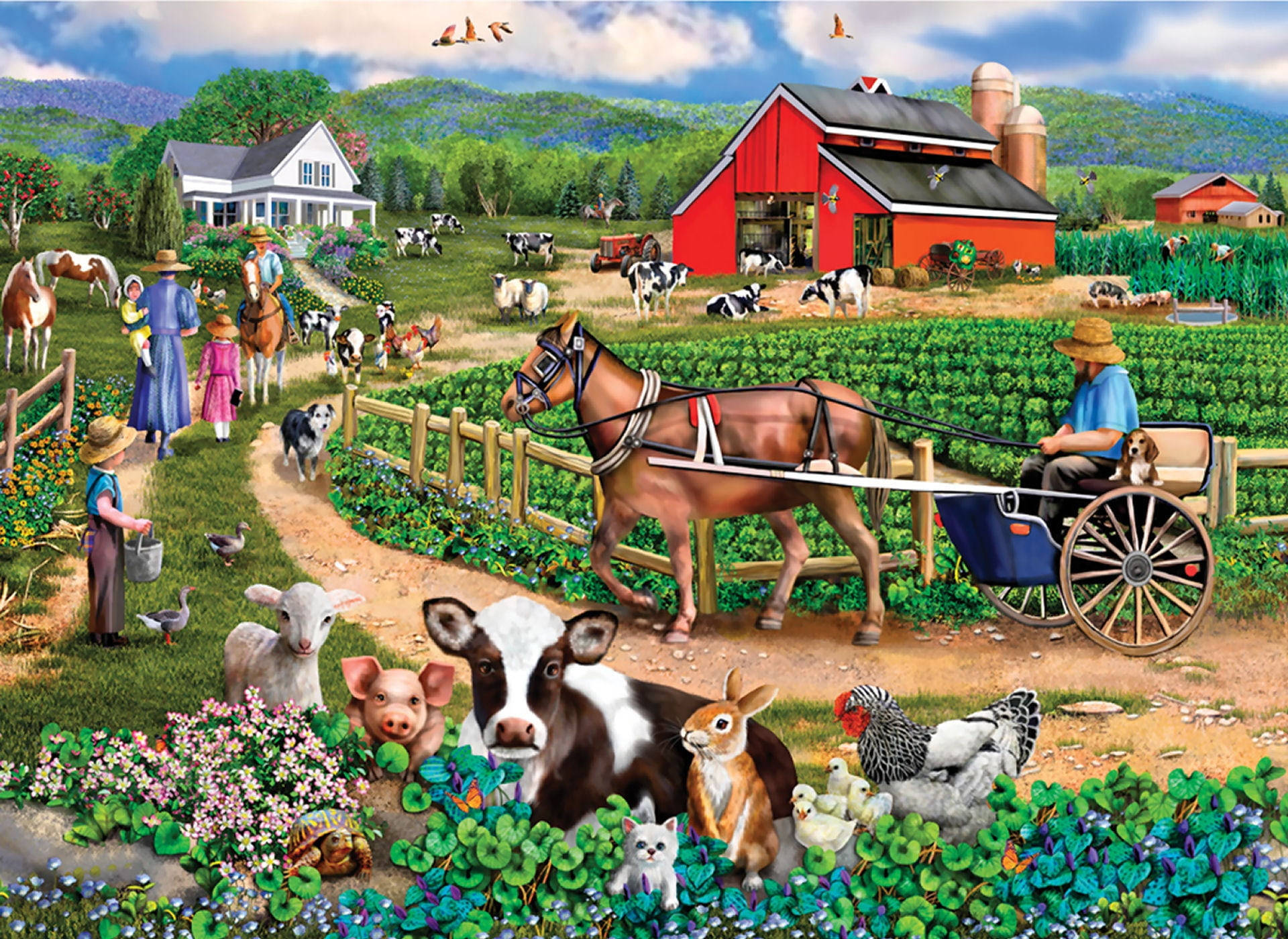A captivating realistic painting of diverse farm animals. Wallpaper