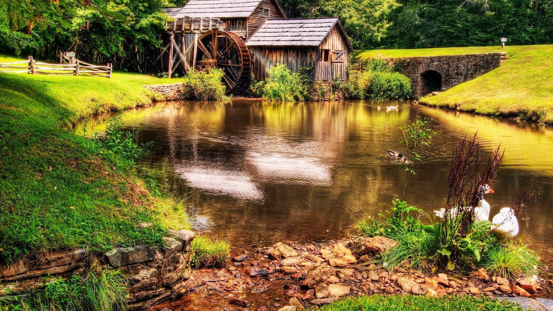 A Water Mill Is Surrounded By Grass And Trees Wallpaper