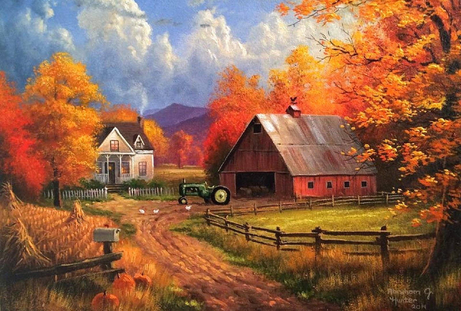 Et maleri af en gård med en rød lade og en traktor Wallpaper