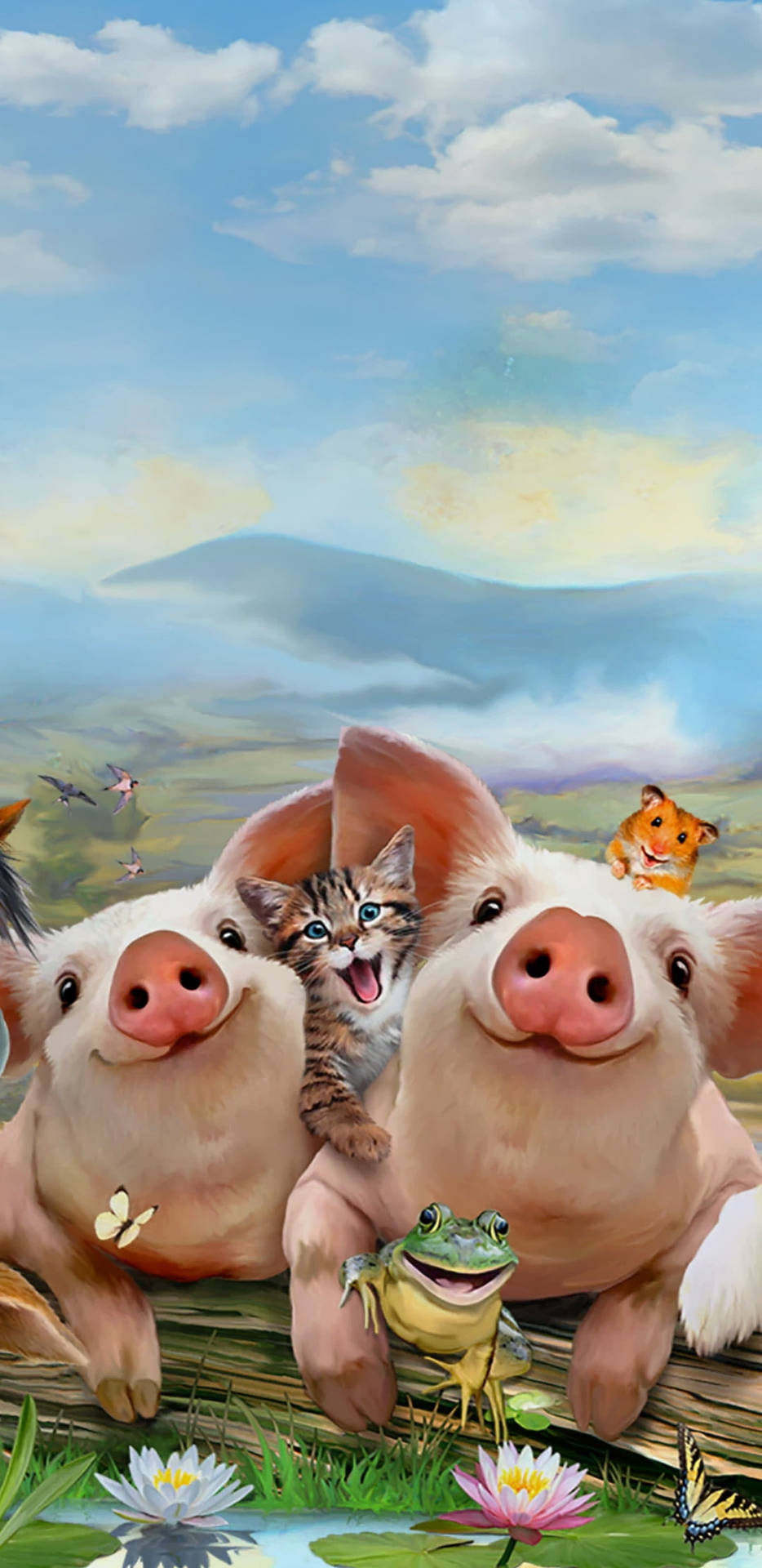 Farm Pig And Cat Animals Wallpaper