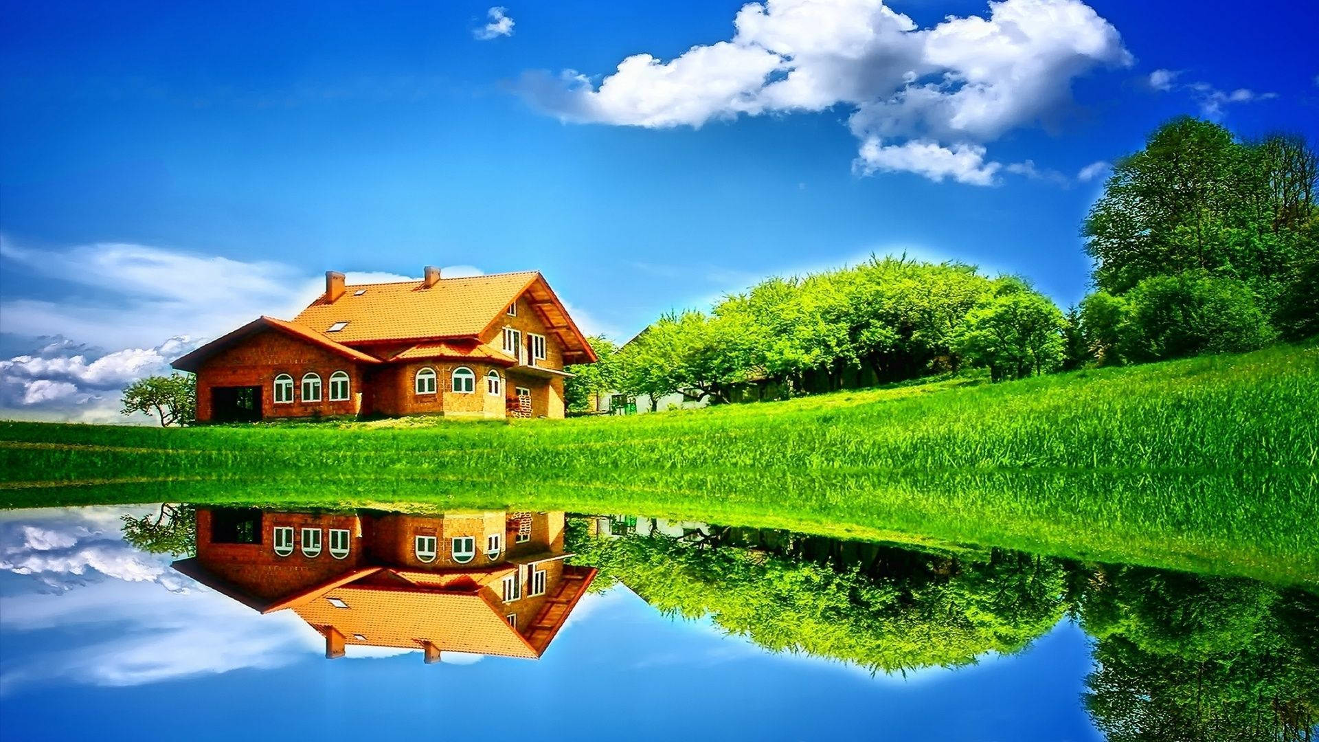 Farmhouse Beside A Pond Wallpaper