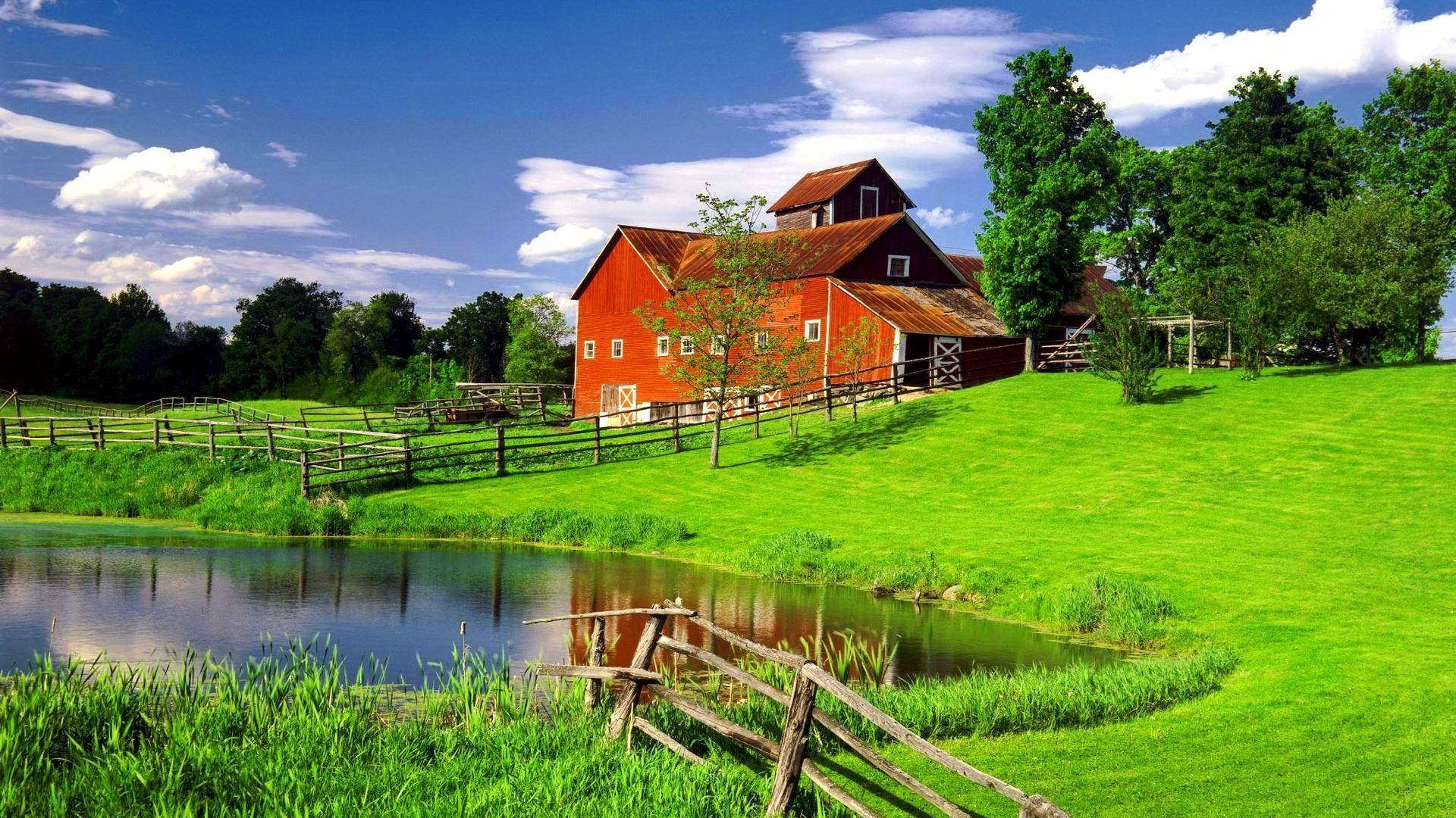 Farmhouse By The Pond Wallpaper
