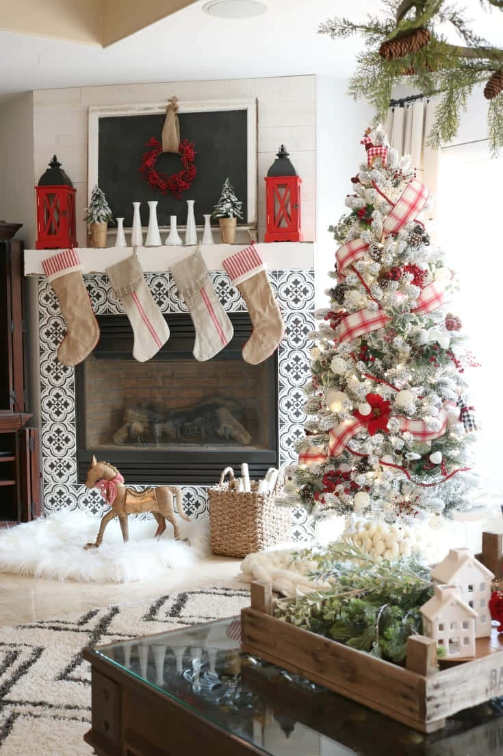 White Farmhouse Christmas Tree And Toy Horse Wallpaper
