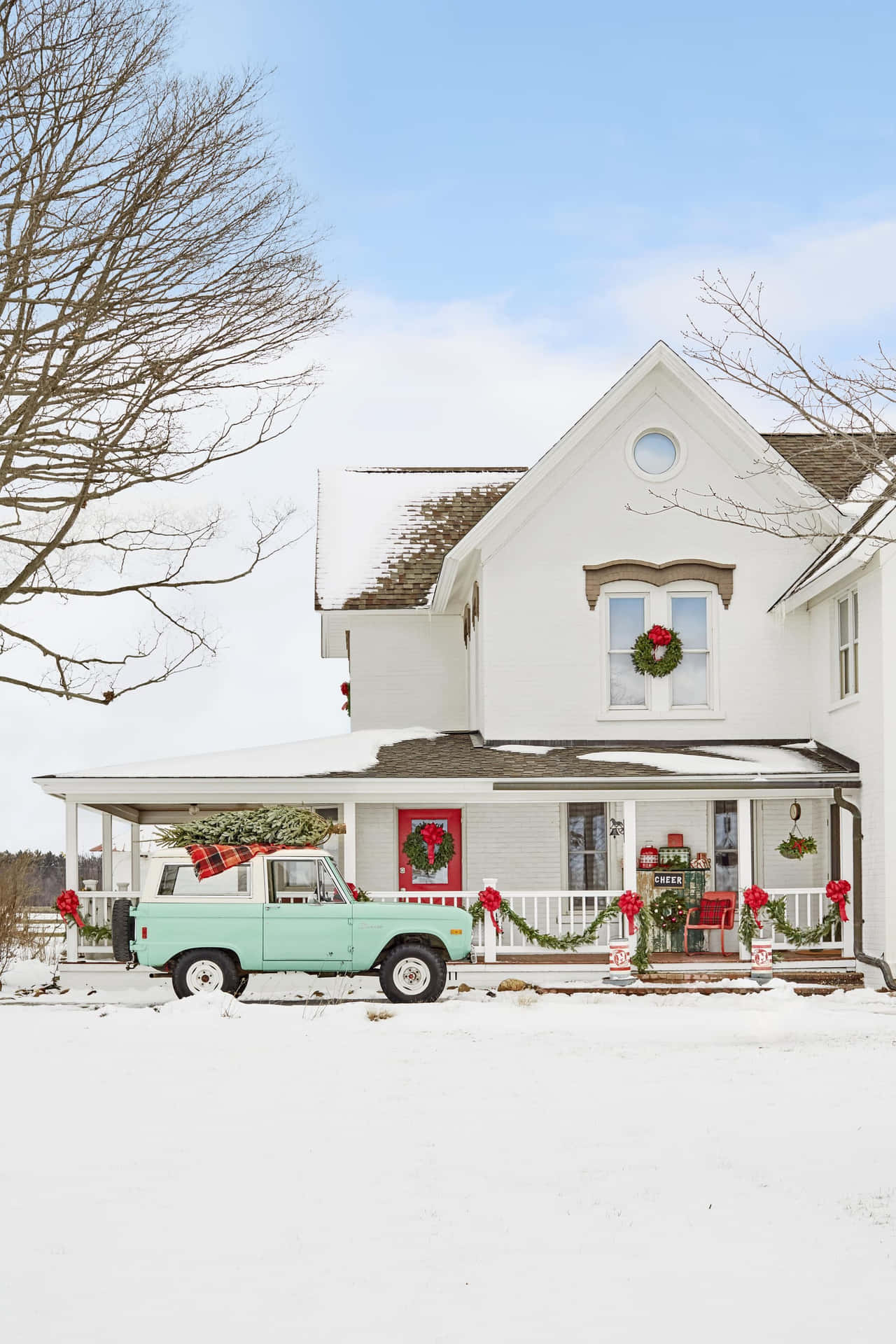 Truck Parked On Driveway Farmhouse Christmas Wallpaper