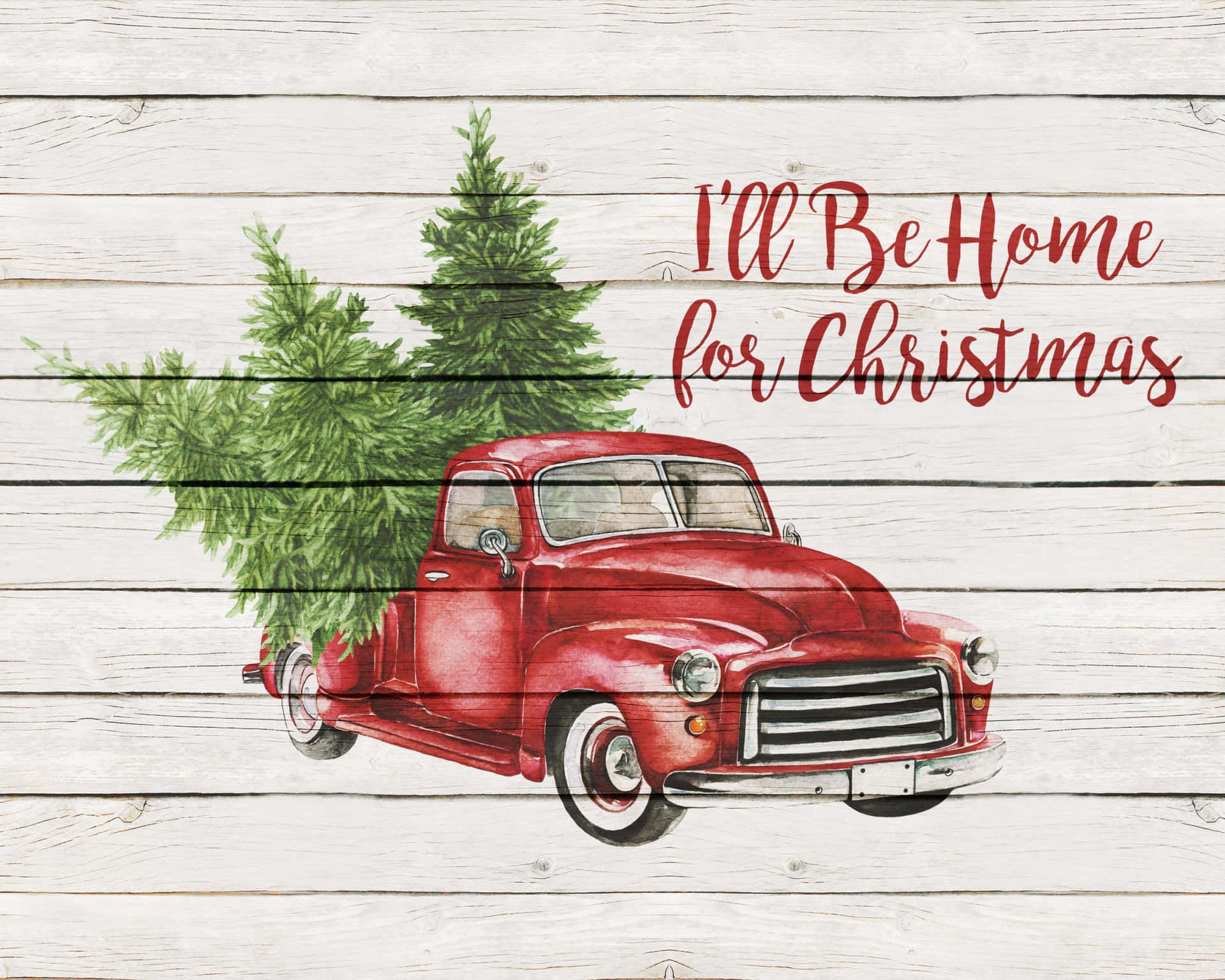 Pickup Truck With Farmhouse Christmas Trees Wallpaper