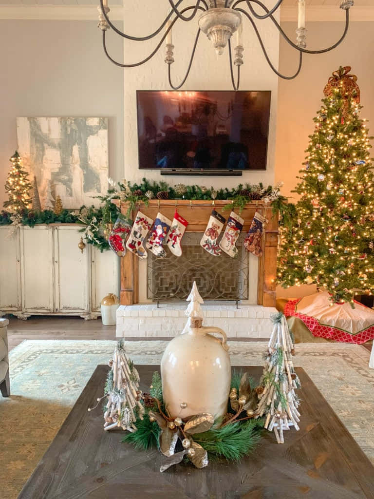 Fireplace With Stockings Farmhouse Christmas Tree Wallpaper