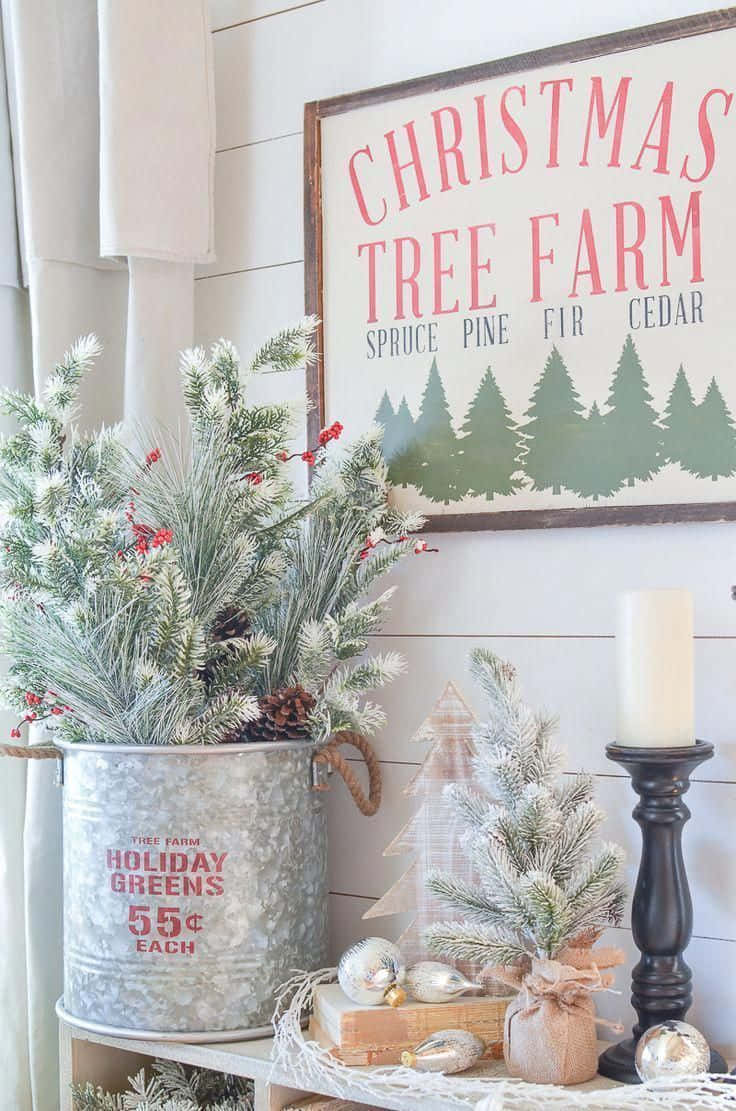 White Theme Farmhouse Christmas Tree Farm Wallpaper
