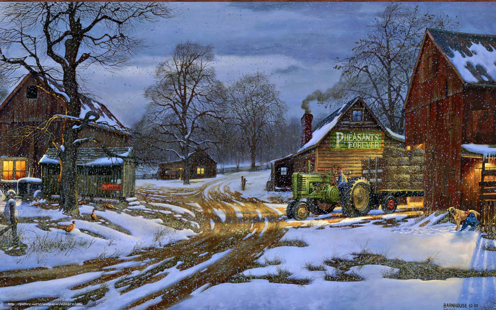 A Painting Of A Snowy Scene With A Barn And A Farm Wallpaper