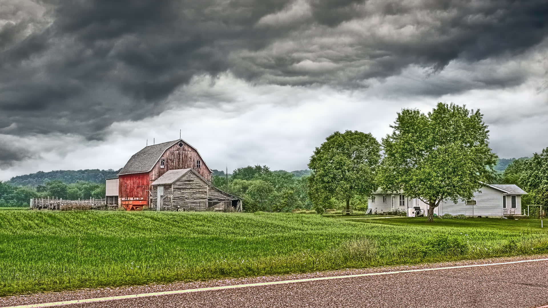 Cloudy Skies With Farmhouse Desktop Wallpaper