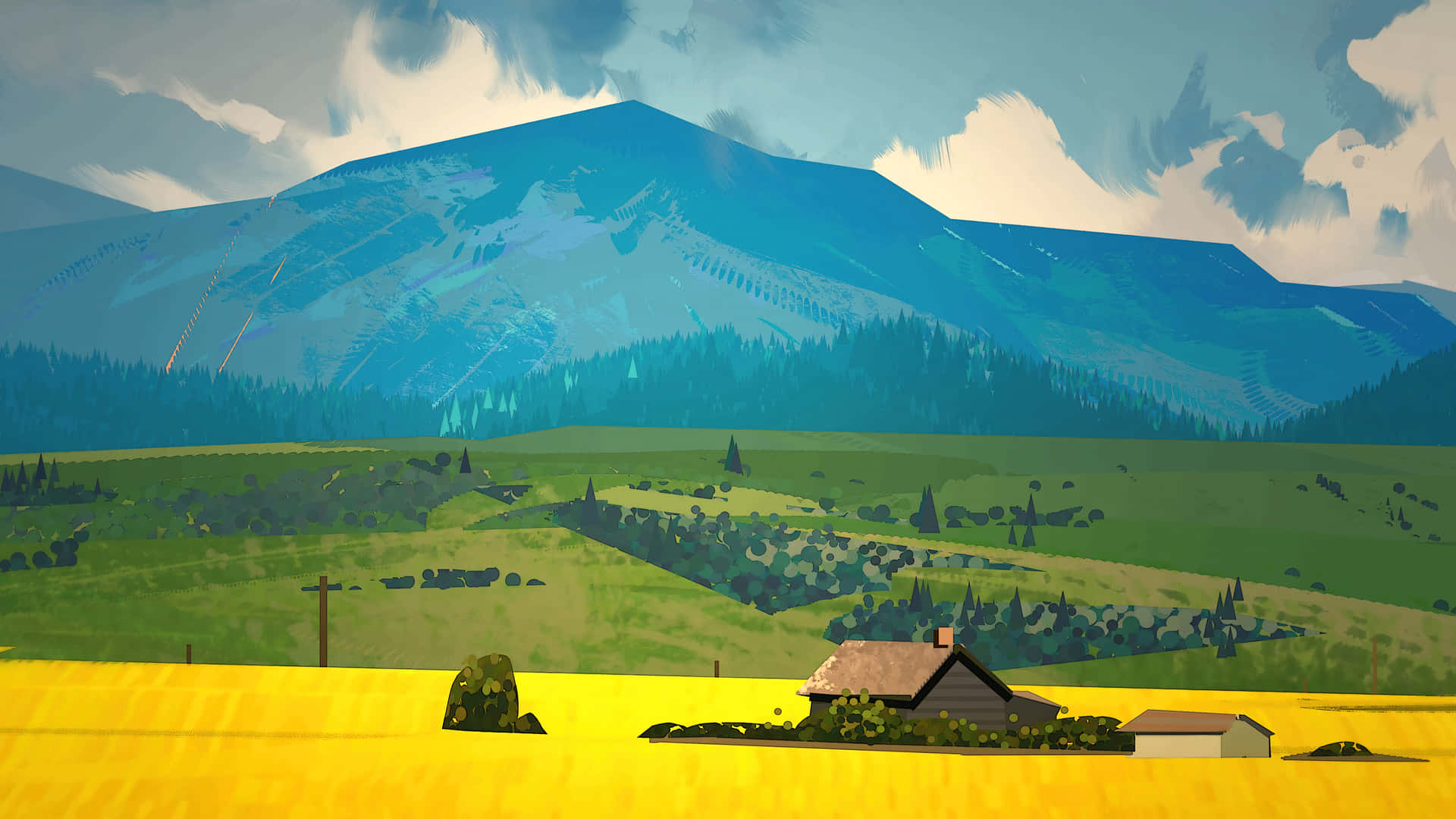 Mountain And A Farmhouse Desktop Wallpaper