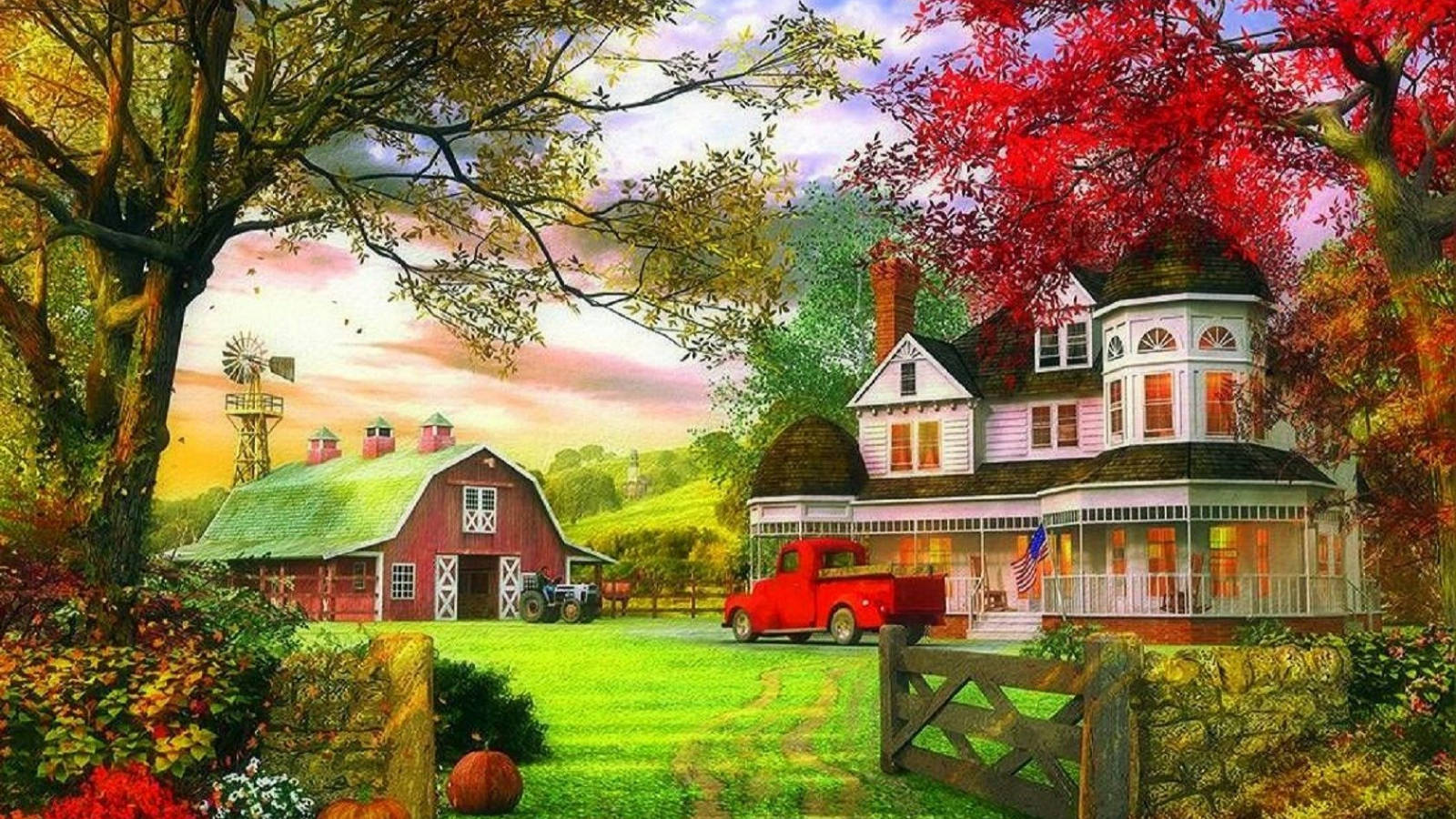 Farmhouse Scenic Landscape Painting Wallpaper