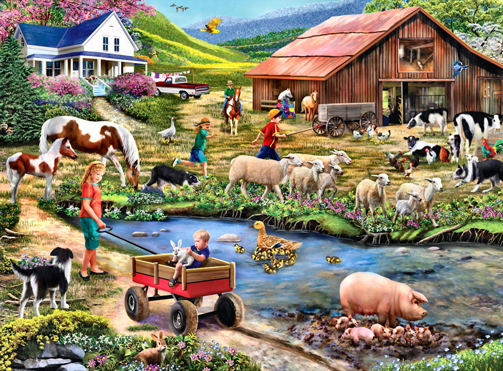 Farmhouse With Animals Near The Stream Wallpaper