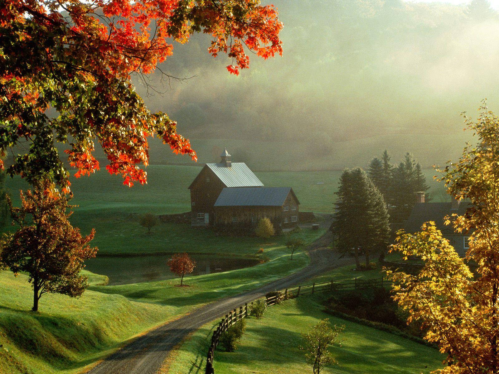 Farmhouse With Scenic Landscape Wallpaper