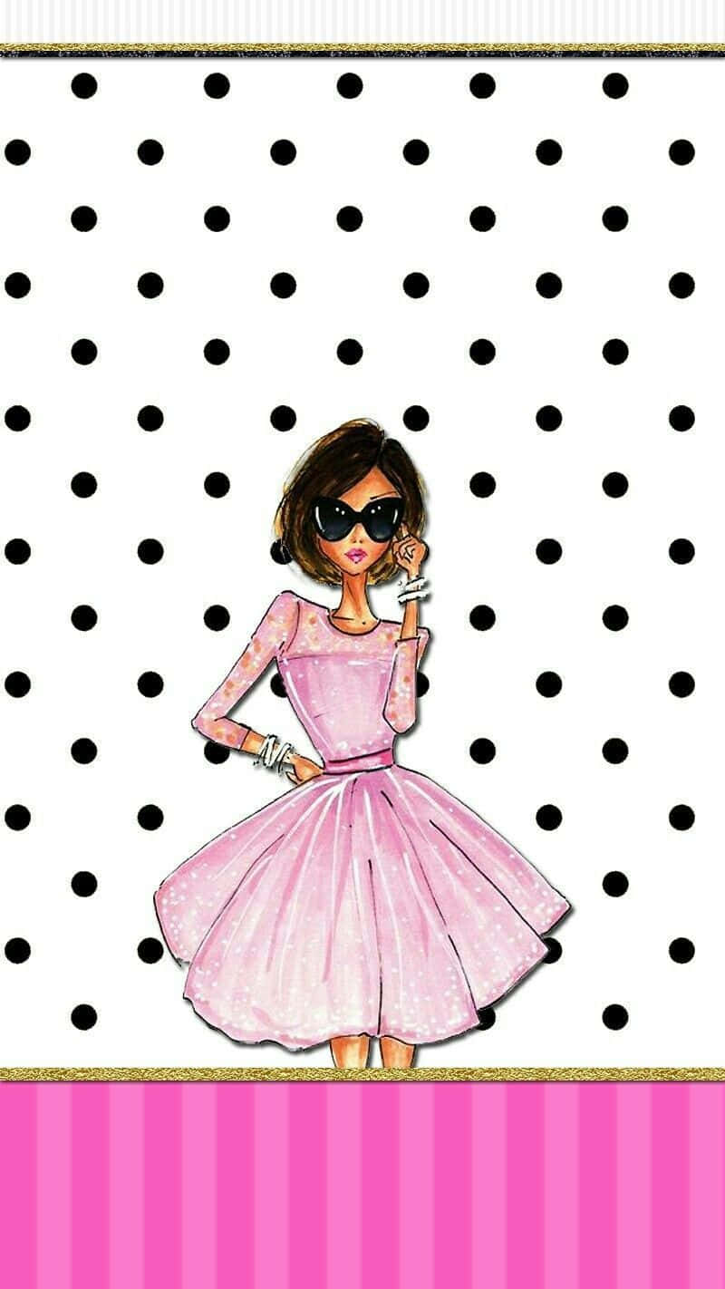 A Pink And Black Polka Dot Pattern With A Girl In A Dress