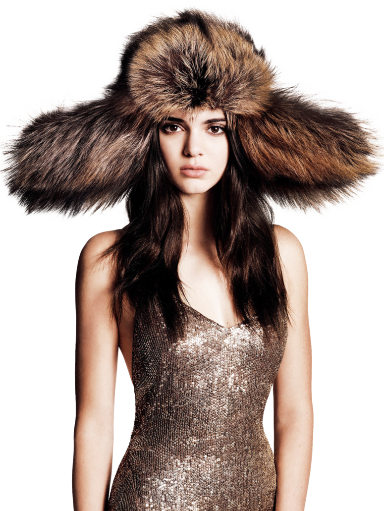 Fashion Model Golden Dress Large Fur Hat PNG
