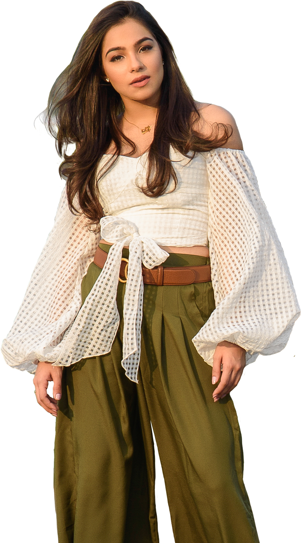 Fashion Model In White Blouse And Green Pants PNG