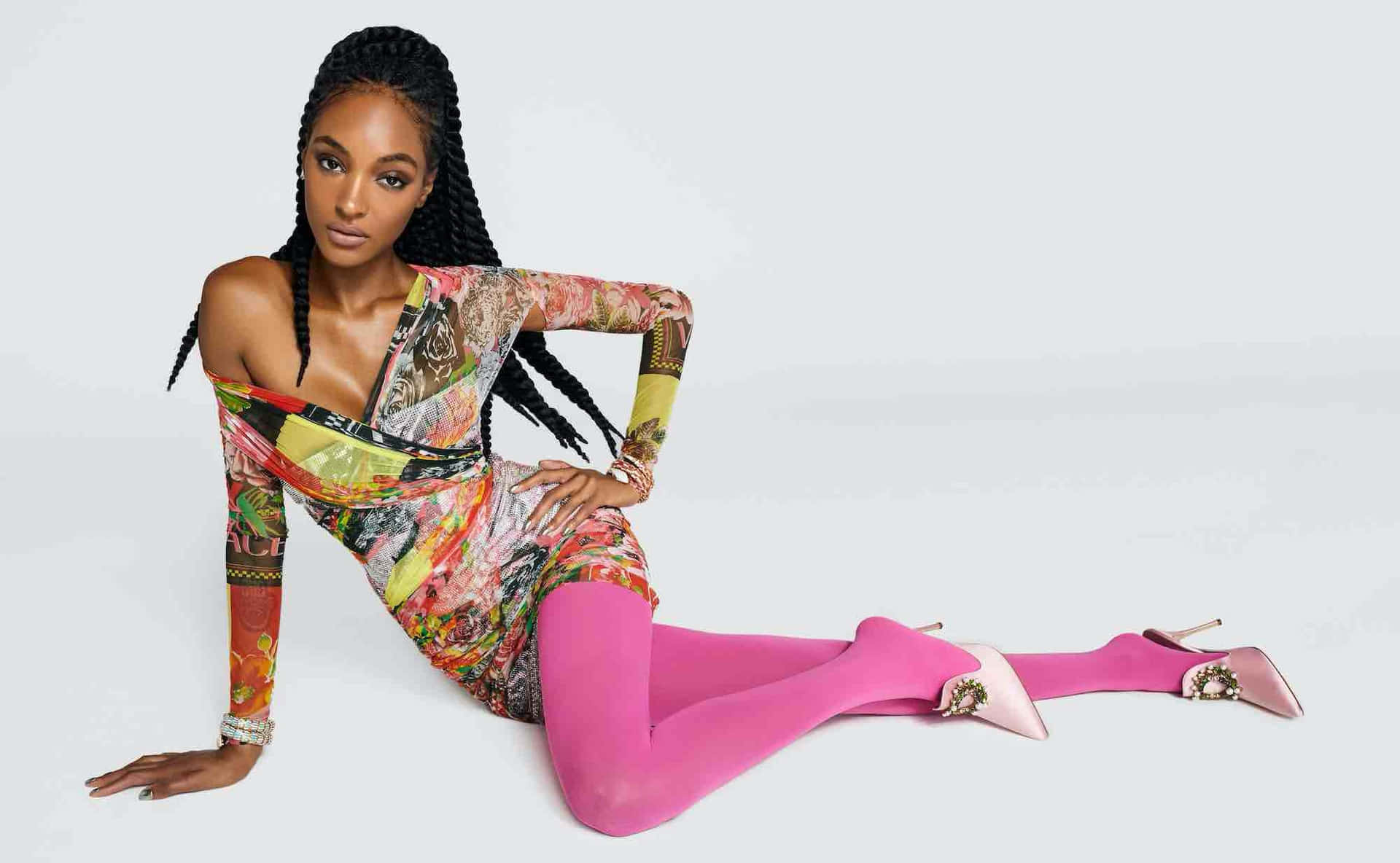 Fashion Modelin Colorful Outfitand Pink Tights Wallpaper