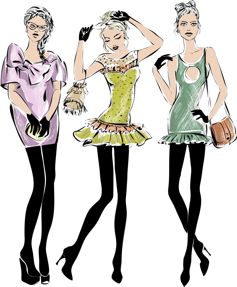 Fashion Sketch_ Trio Of Models PNG