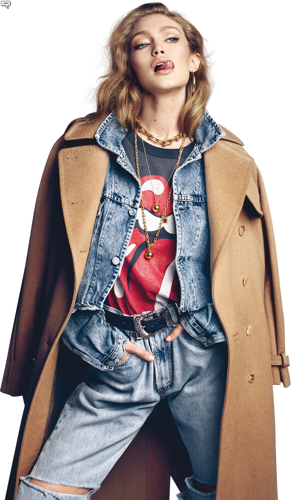 Fashionable Denim And Trench Coat Look PNG