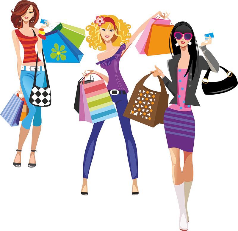 Fashionable Shoppers Cartoon Illustration PNG
