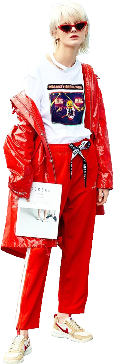 Fashionable Streetwear Model Red Outfit PNG