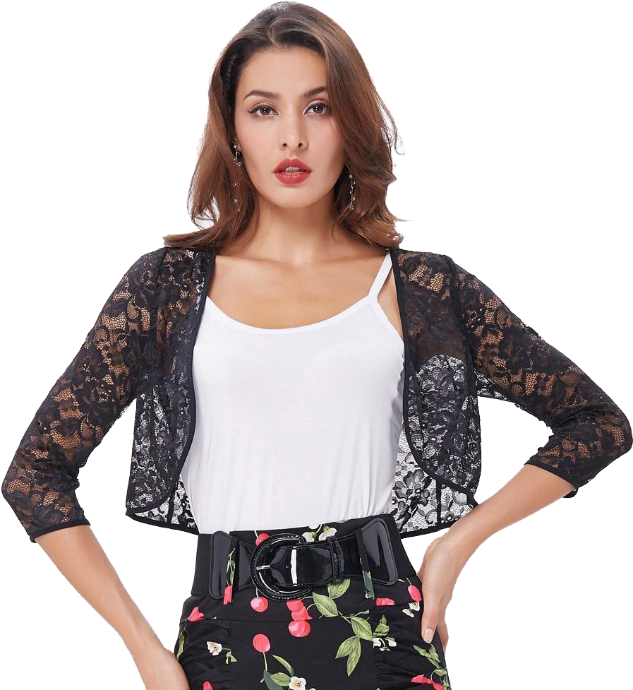 Fashionable Womanin Lace Cardigan PNG