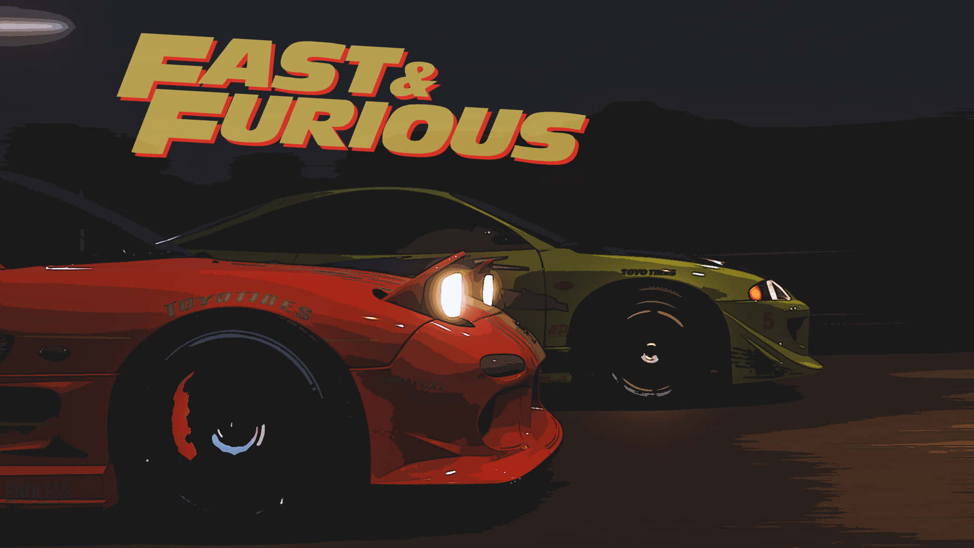 Vin Diesel og Paul Walker skynder sig over ørkenen i Fast and Furious 1. Wallpaper