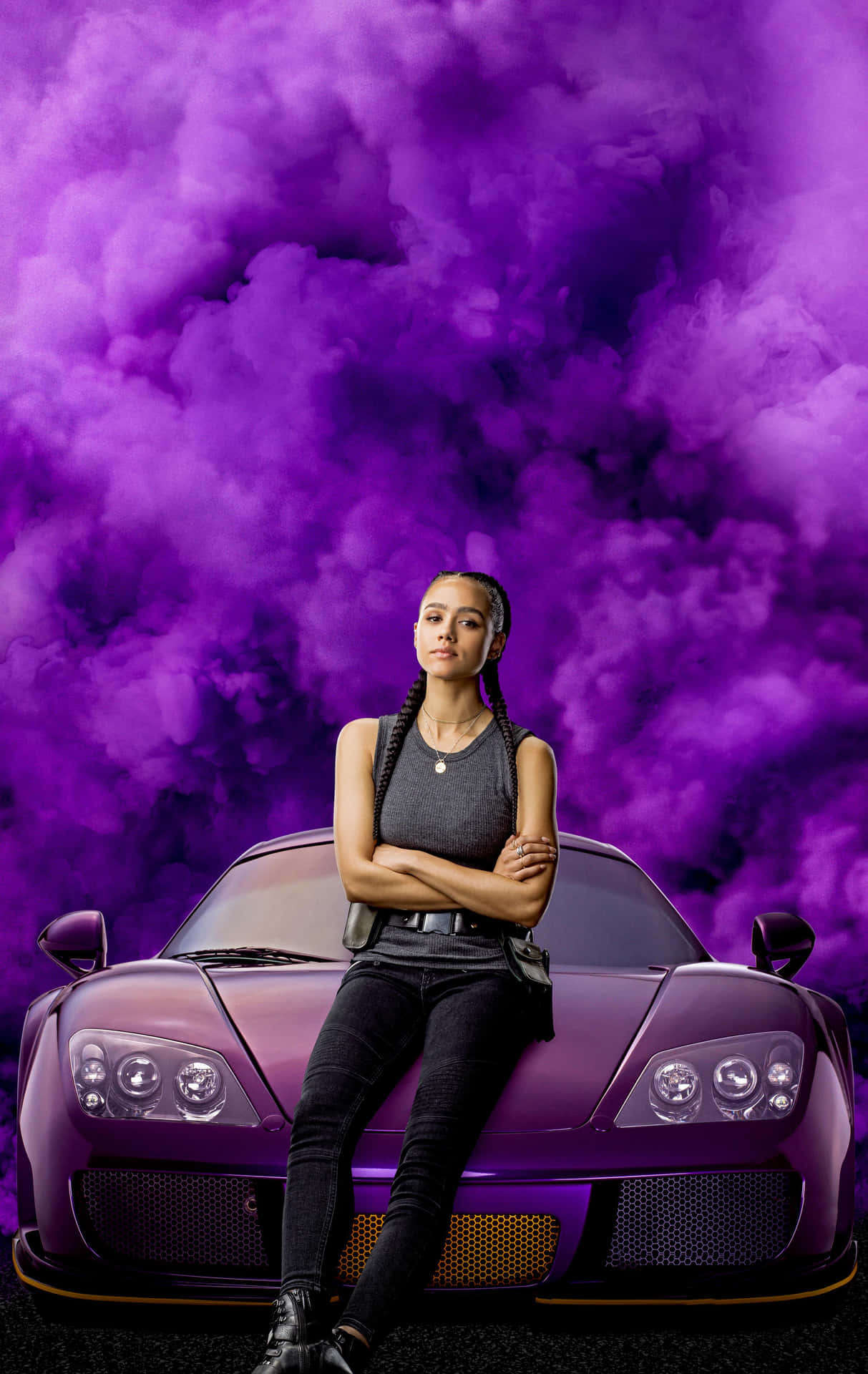 A Woman Sitting On Top Of A Purple Sports Car Wallpaper
