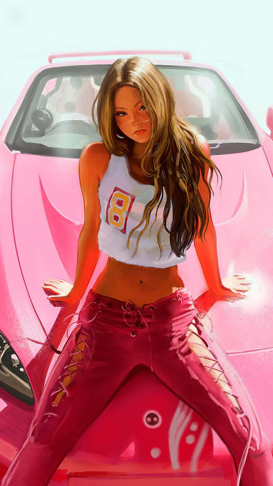 A Girl Sitting On Top Of A Pink Sports Car Wallpaper
