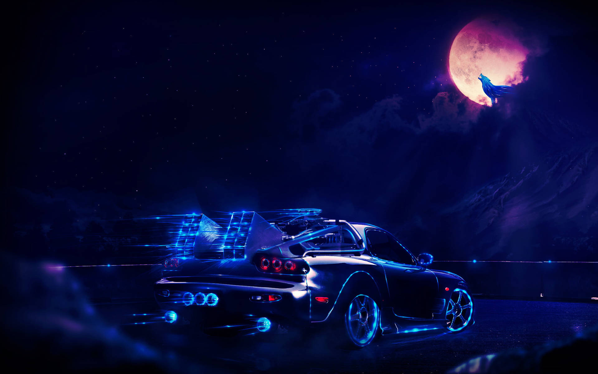 Fast Car And Galaxy Moon Wallpaper