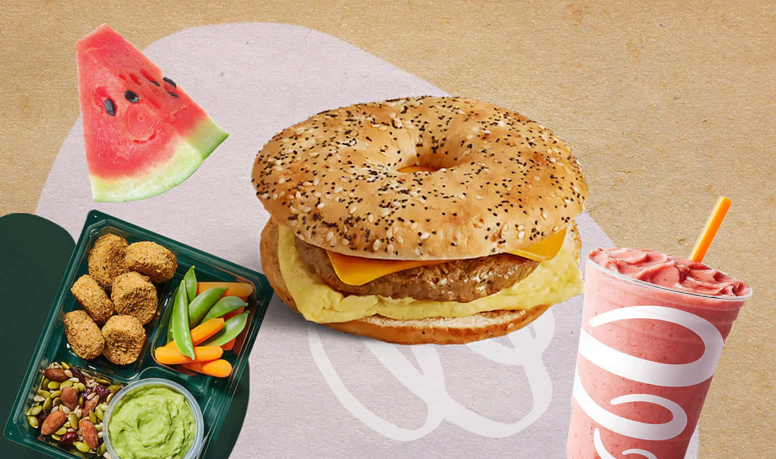 A Bagel, A Bagel Sandwich, A Watermelon, And A Smoothie