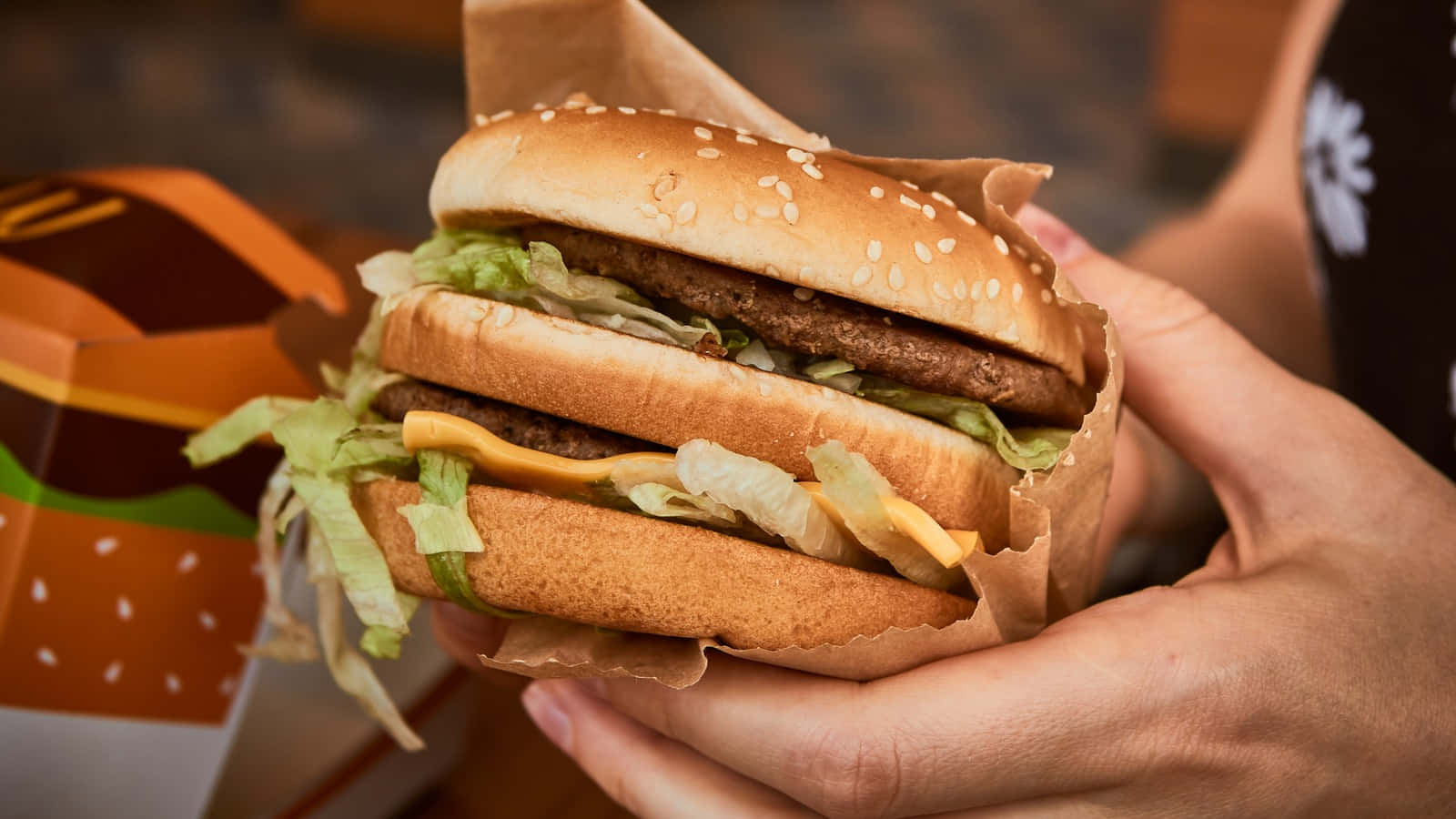 A Person Holding A Mcdonald's Hamburger In A Paper Bag