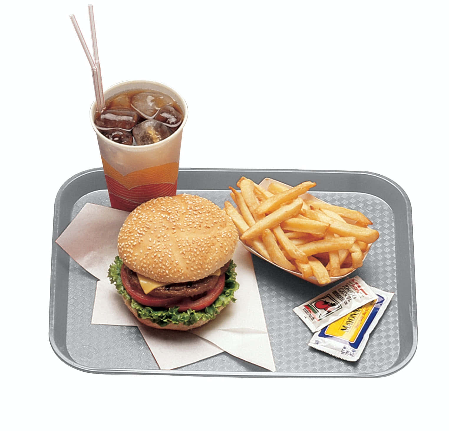 A Tray With A Hamburger, Fries And A Drink