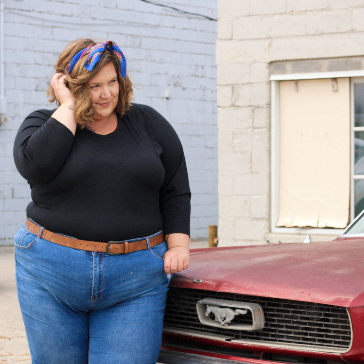 Fat Woman By Old Mustang Wallpaper