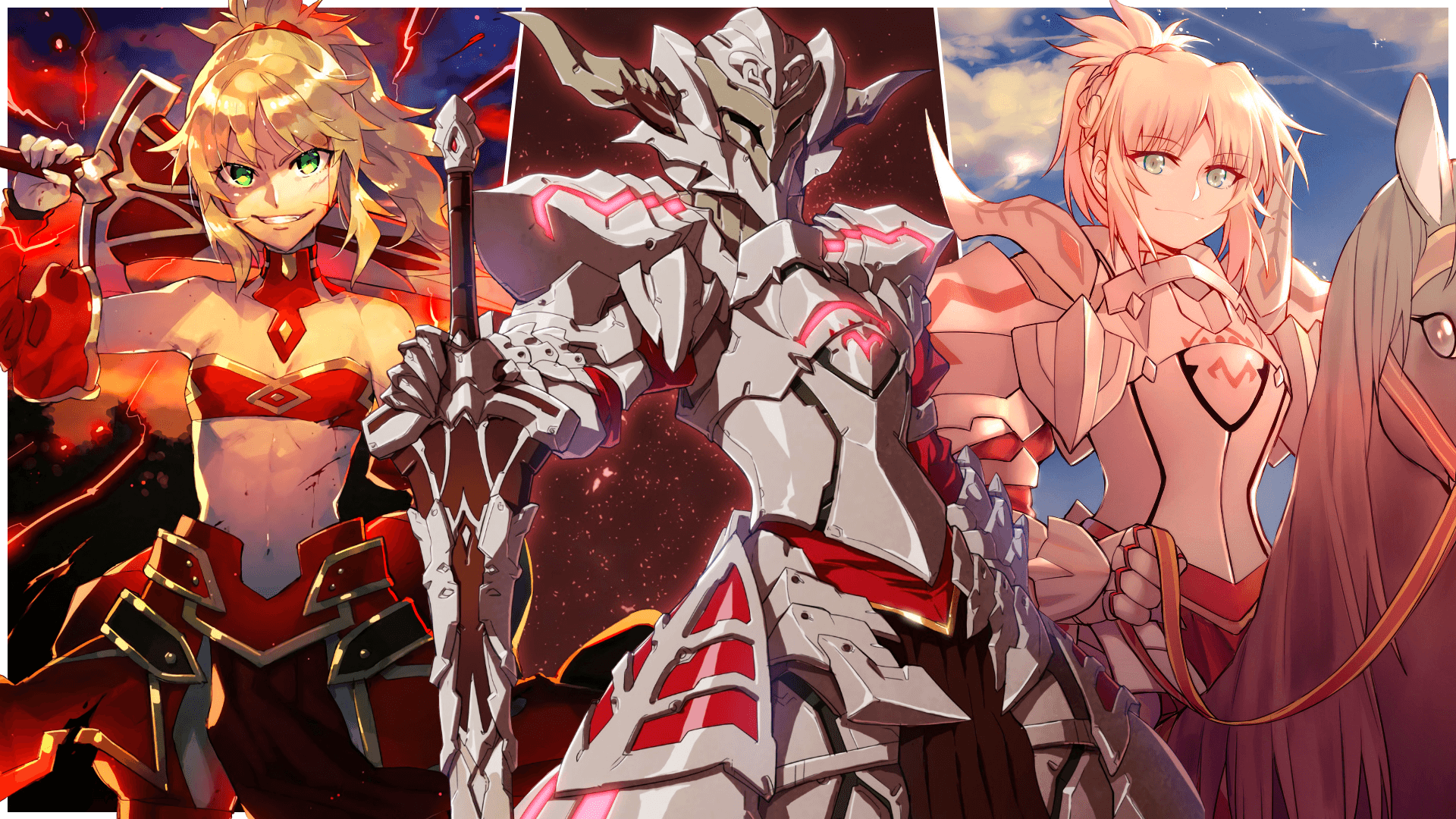 Risk everything in the pursuit of fate. Background — Three anime characters in detailed armor stand heroically against a cosmic and fiery backdrop.