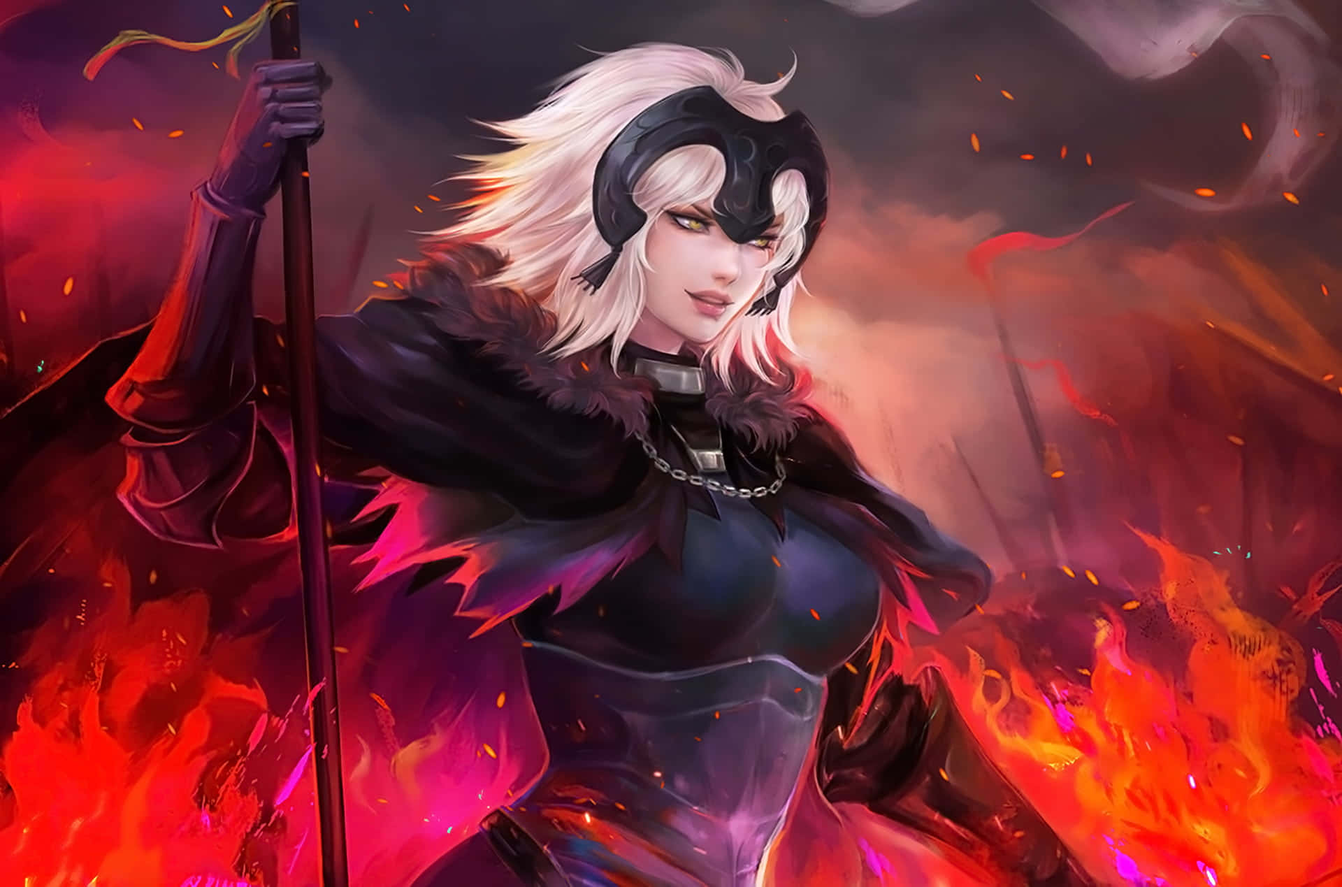 A Female Character With A Sword And Flames