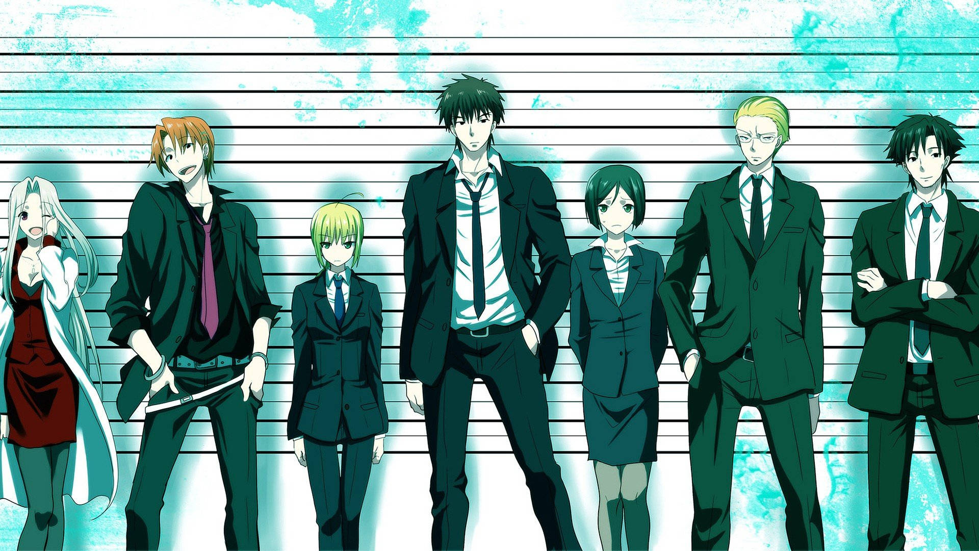Einegruppe Von Anime-charakteren Steht Vor Einer Fahndungsfotoaufnahme. Wallpaper