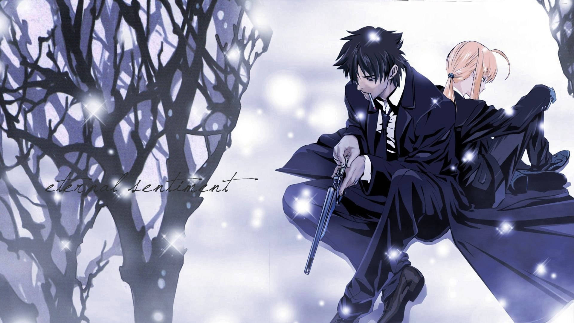 Unpar De Personajes De Anime Sentados En La Nieve. Fondo de pantalla