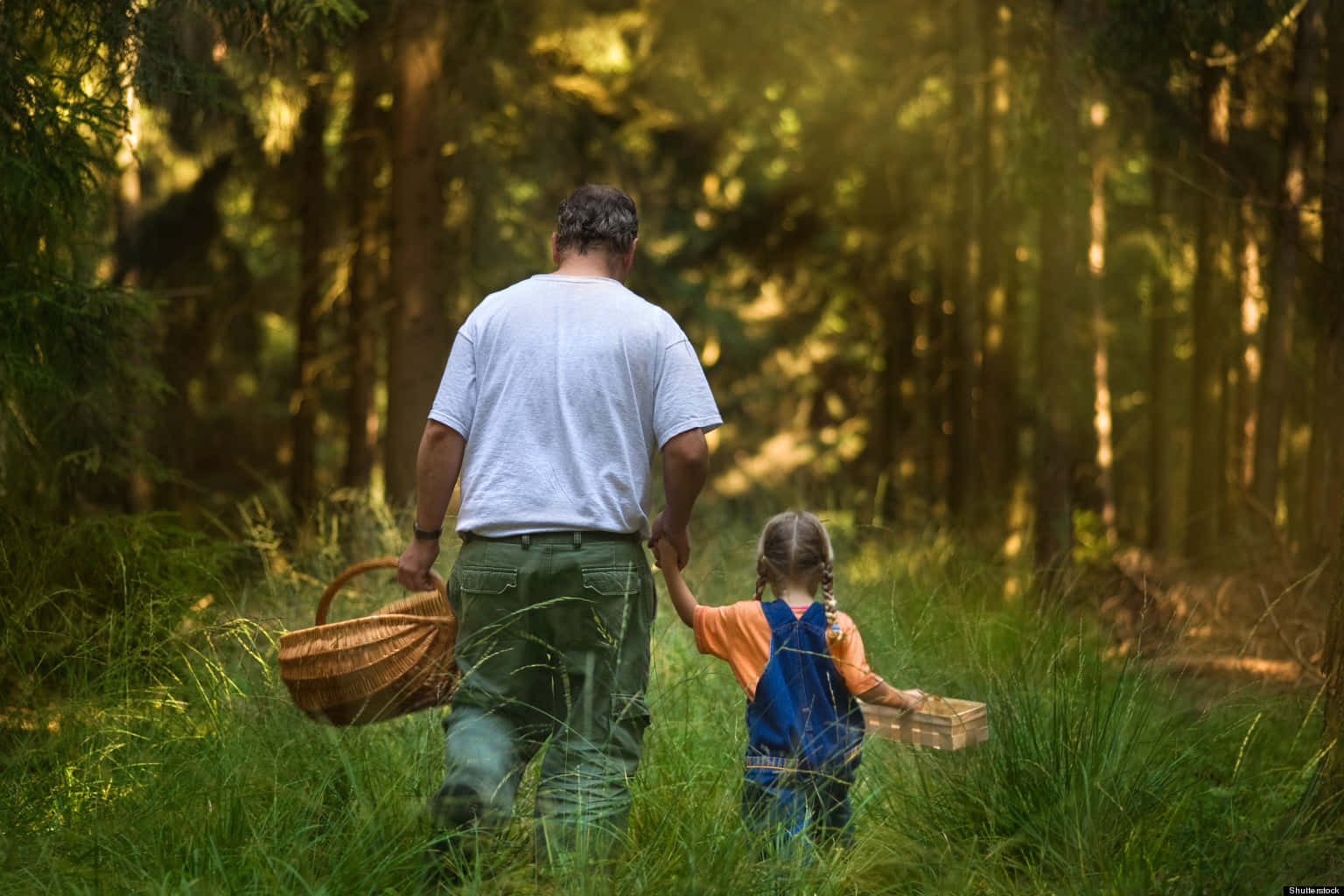 Fader og datter, som går i skoven billed