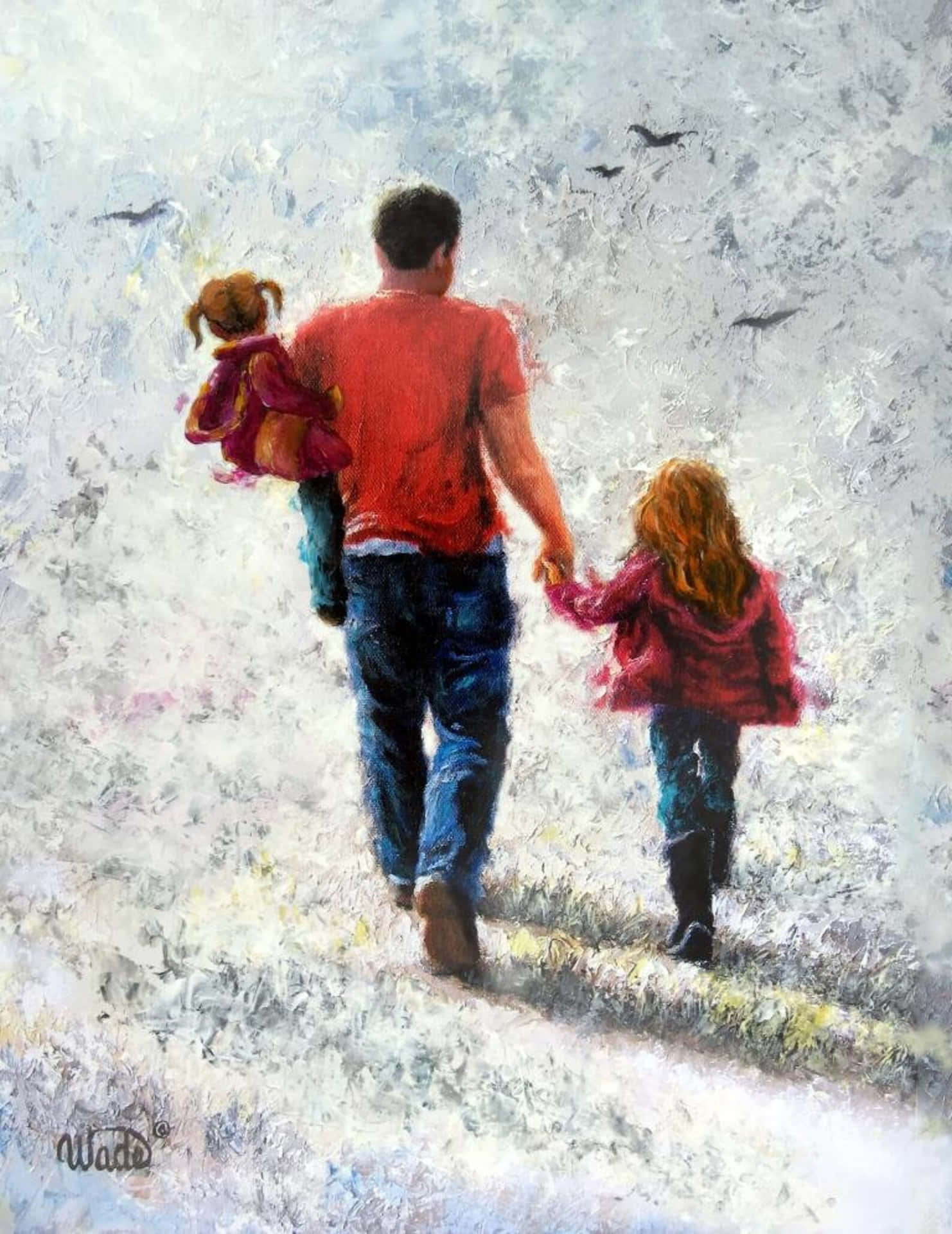 Padree Figlia Dipingendo Mentre Camminano Sulla Neve - Immagine